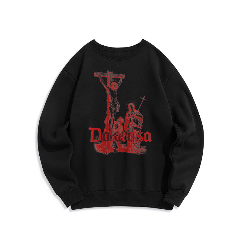 Christiandiscipleshop Classic Style Dolorosa Crucifix Jesus Sacred Faith Fleece Lined Polyester Sweatshirt