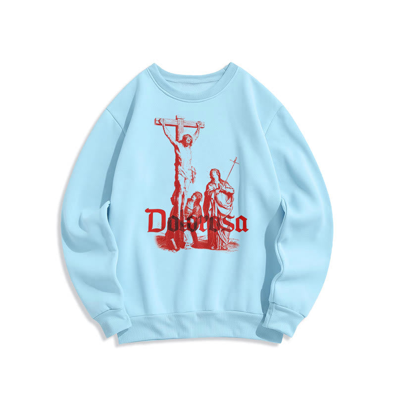 Christiandiscipleshop Classic Style Dolorosa Crucifix Jesus Sacred Faith Fleece Lined Polyester Sweatshirt