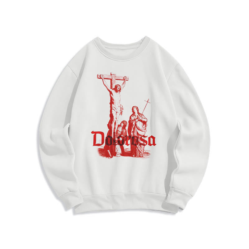 Christiandiscipleshop Classic Style Dolorosa Crucifix Jesus Sacred Faith Fleece Lined Polyester Sweatshirt