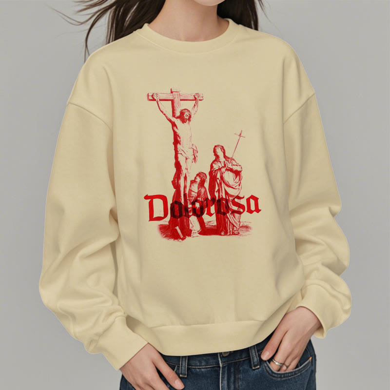 Christiandiscipleshop Classic Style Dolorosa Crucifix Jesus Sacred Faith Fleece Lined Polyester Sweatshirt