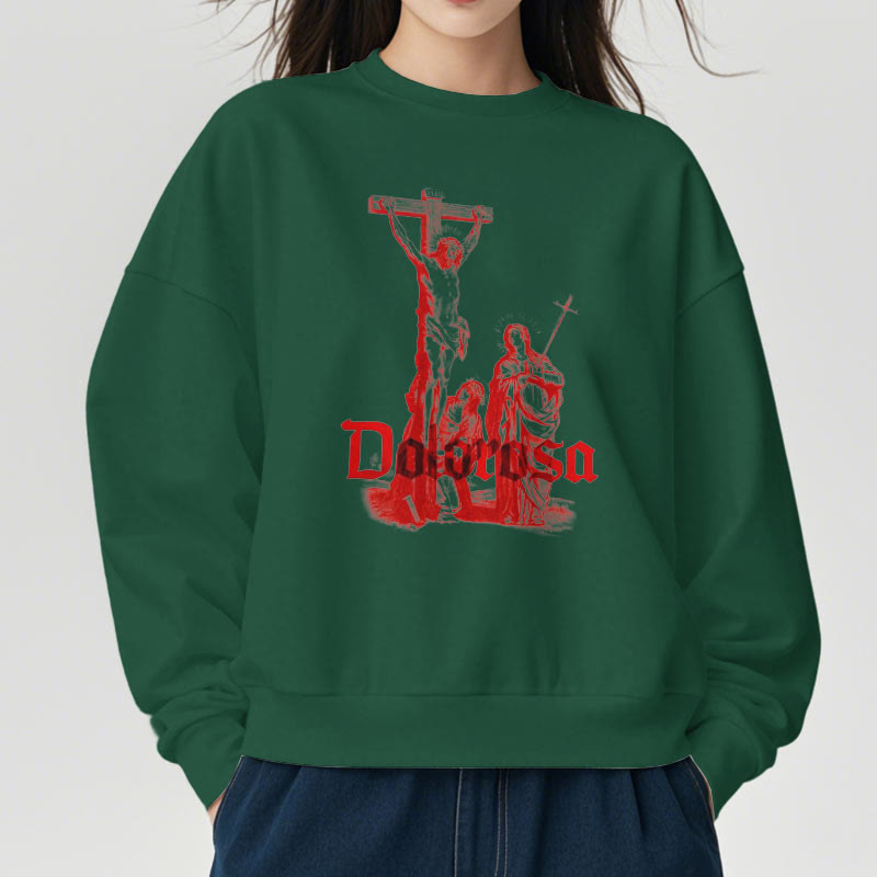 Christiandiscipleshop Classic Style Dolorosa Crucifix Jesus Sacred Faith Fleece Lined Polyester Sweatshirt