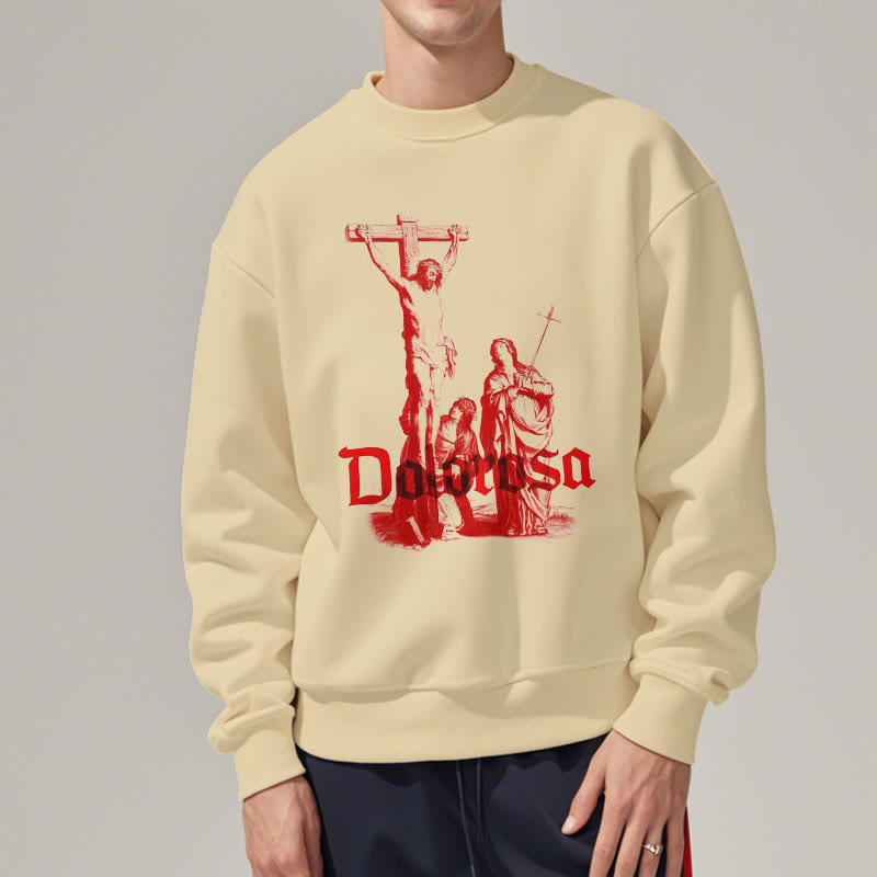 Christiandiscipleshop Classic Style Dolorosa Crucifix Jesus Sacred Faith Fleece Lined Polyester Sweatshirt
