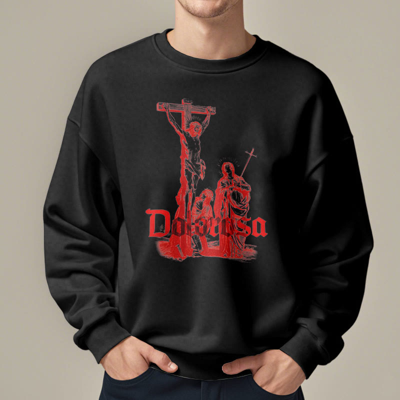 Christiandiscipleshop Classic Style Dolorosa Crucifix Jesus Sacred Faith Fleece Lined Polyester Sweatshirt