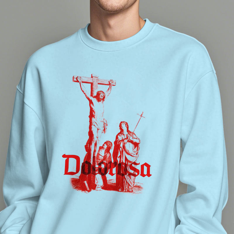 Christiandiscipleshop Classic Style Dolorosa Crucifix Jesus Sacred Faith Fleece Lined Polyester Sweatshirt