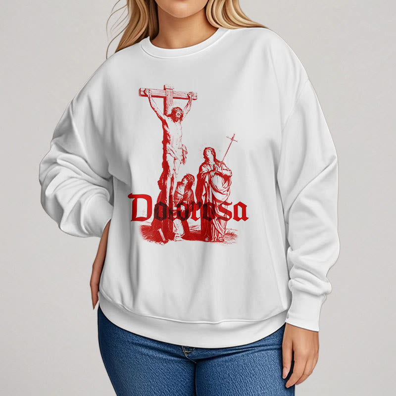 Christiandiscipleshop Classic Style Dolorosa Crucifix Jesus Sacred Faith Fleece Lined Polyester Sweatshirt