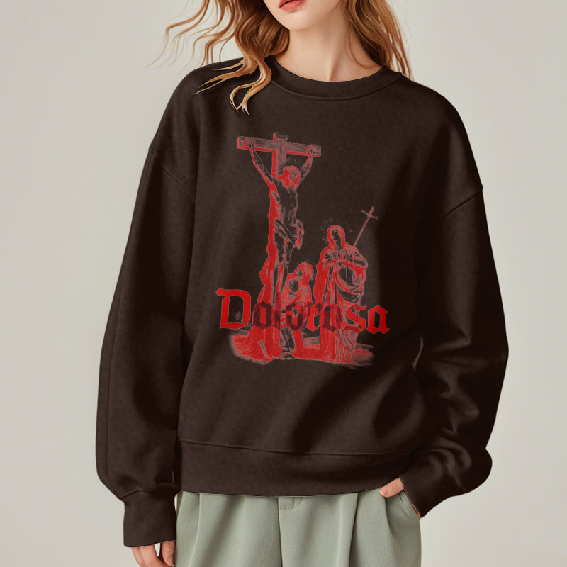 Christiandiscipleshop Classic Style Dolorosa Crucifix Jesus Sacred Faith Fleece Lined Polyester Sweatshirt