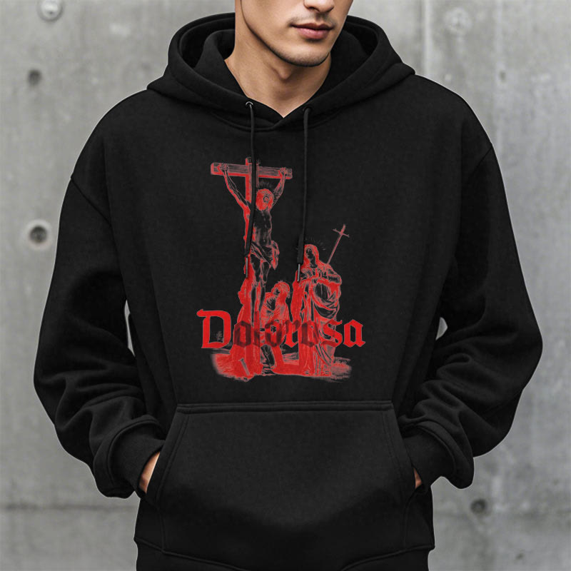 Christiandiscipleshop Classic Style Dolorosa Crucifix Jesus Sacred Faith Fleece Lined Polyester Hoodie