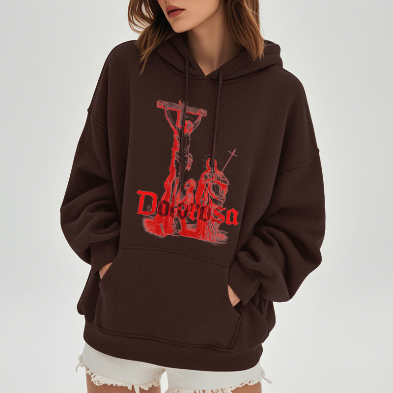 Christiandiscipleshop Classic Style Dolorosa Crucifix Jesus Sacred Faith Fleece Lined Polyester Hoodie