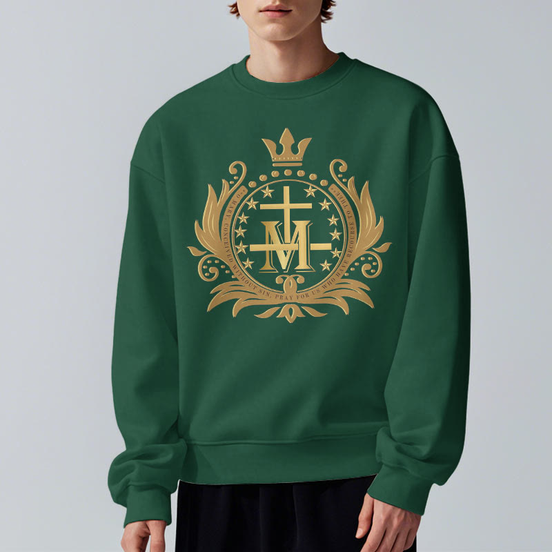 Christiandiscipleshop Classic Style Crowned Cross Virgin Mary Fleece Lined Polyester Sweatshirt