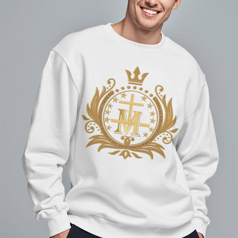 Christiandiscipleshop Classic Style Crowned Cross Virgin Mary Fleece Lined Polyester Sweatshirt