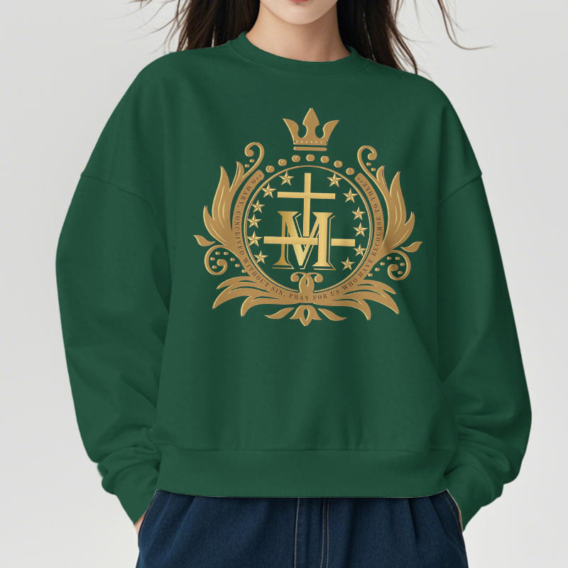 Christiandiscipleshop Classic Style Crowned Cross Virgin Mary Fleece Lined Polyester Sweatshirt