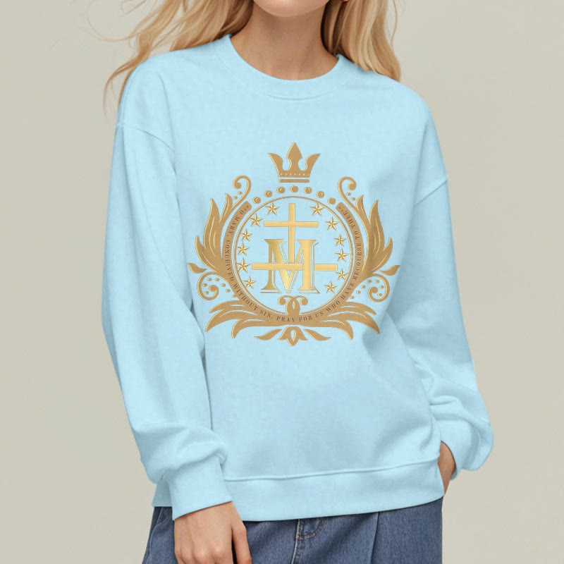 Christiandiscipleshop Classic Style Crowned Cross Virgin Mary Fleece Lined Polyester Sweatshirt