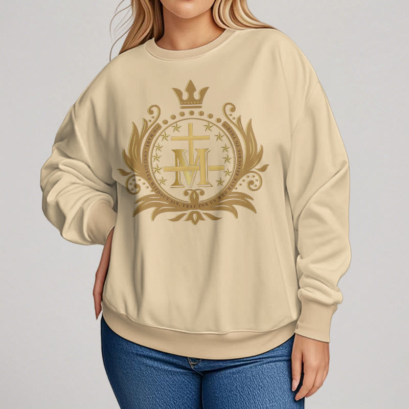 Christiandiscipleshop Classic Style Crowned Cross Virgin Mary Fleece Lined Polyester Sweatshirt