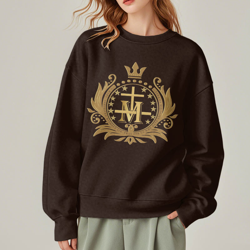 Christiandiscipleshop Classic Style Crowned Cross Virgin Mary Fleece Lined Polyester Sweatshirt