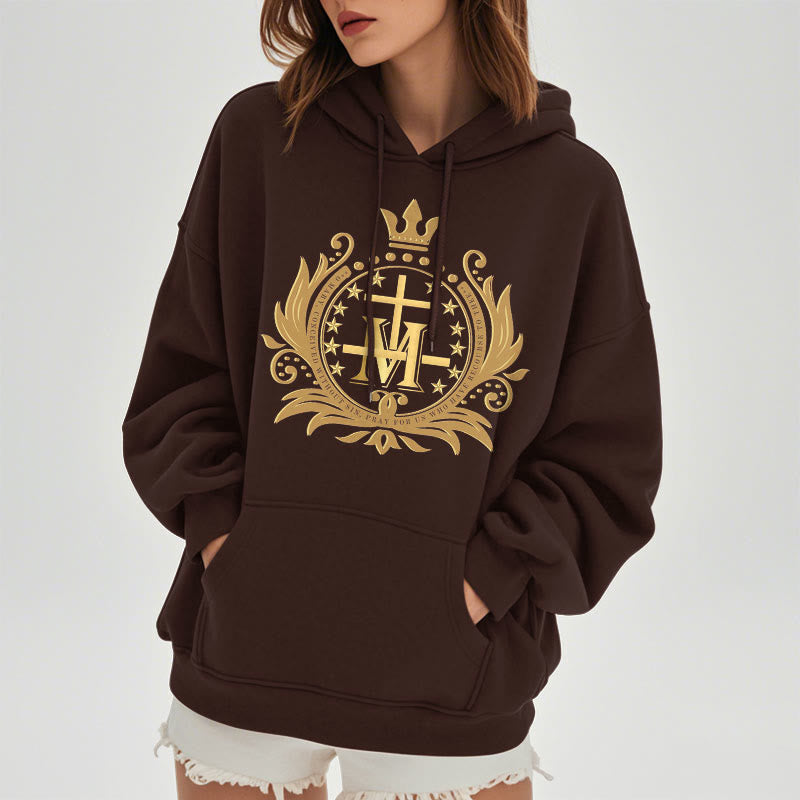 Christiandiscipleshop Classic Style Crowned Cross Virgin Mary Fleece Lined Polyester Hoodie