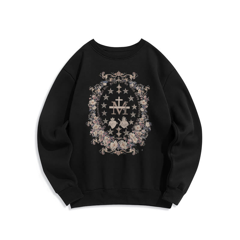 christiandiscipleshop Modern Style Floral Cross Virgin Mary Fleece Lined Polyester Sweatshirt