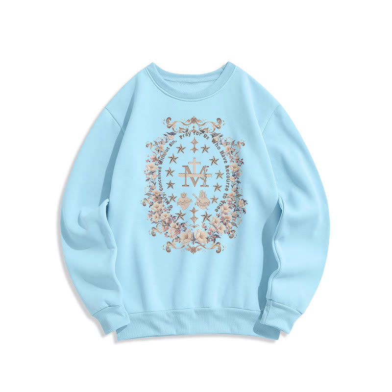 christiandiscipleshop Modern Style Floral Cross Virgin Mary Fleece Lined Polyester Sweatshirt