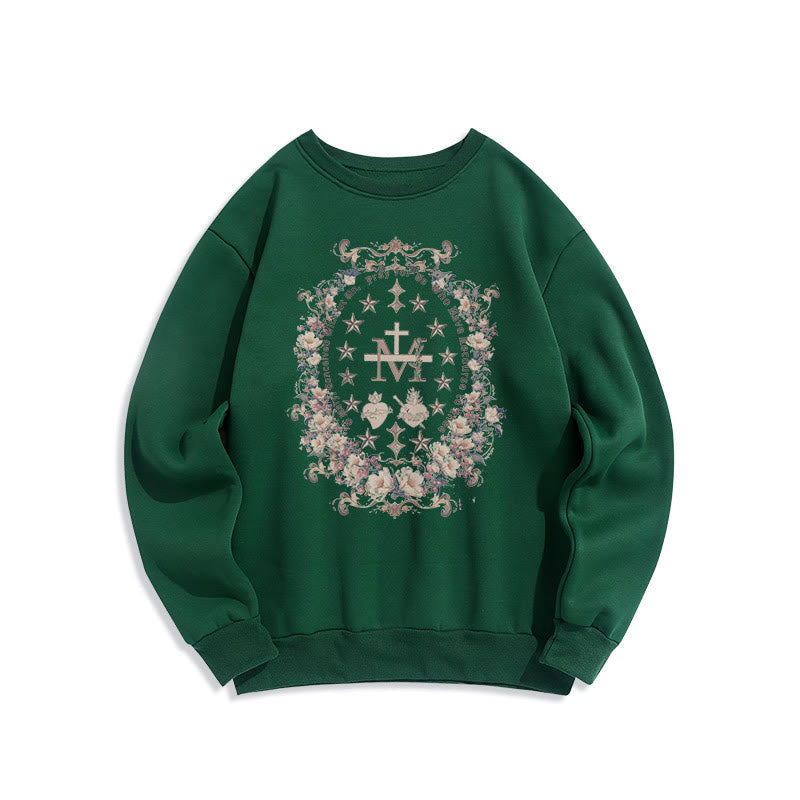 christiandiscipleshop Modern Style Floral Cross Virgin Mary Fleece Lined Polyester Sweatshirt