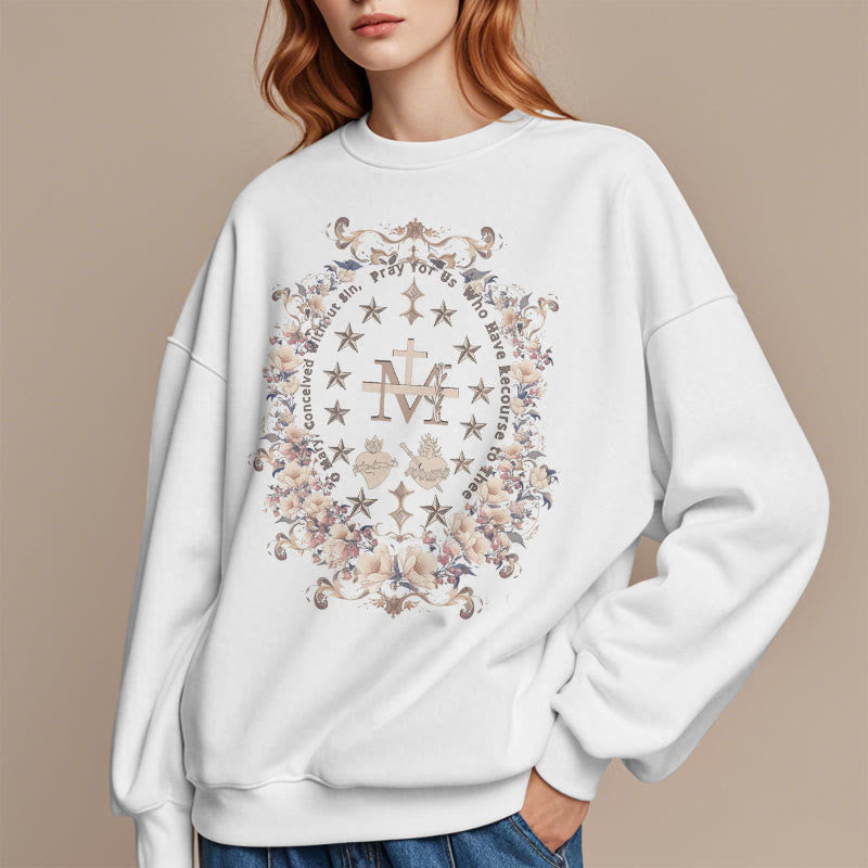 christiandiscipleshop Modern Style Floral Cross Virgin Mary Fleece Lined Polyester Sweatshirt