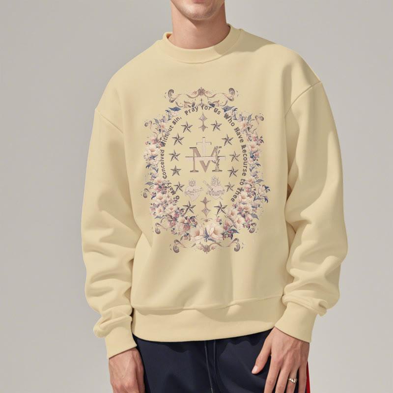 christiandiscipleshop Modern Style Floral Cross Virgin Mary Fleece Lined Polyester Sweatshirt