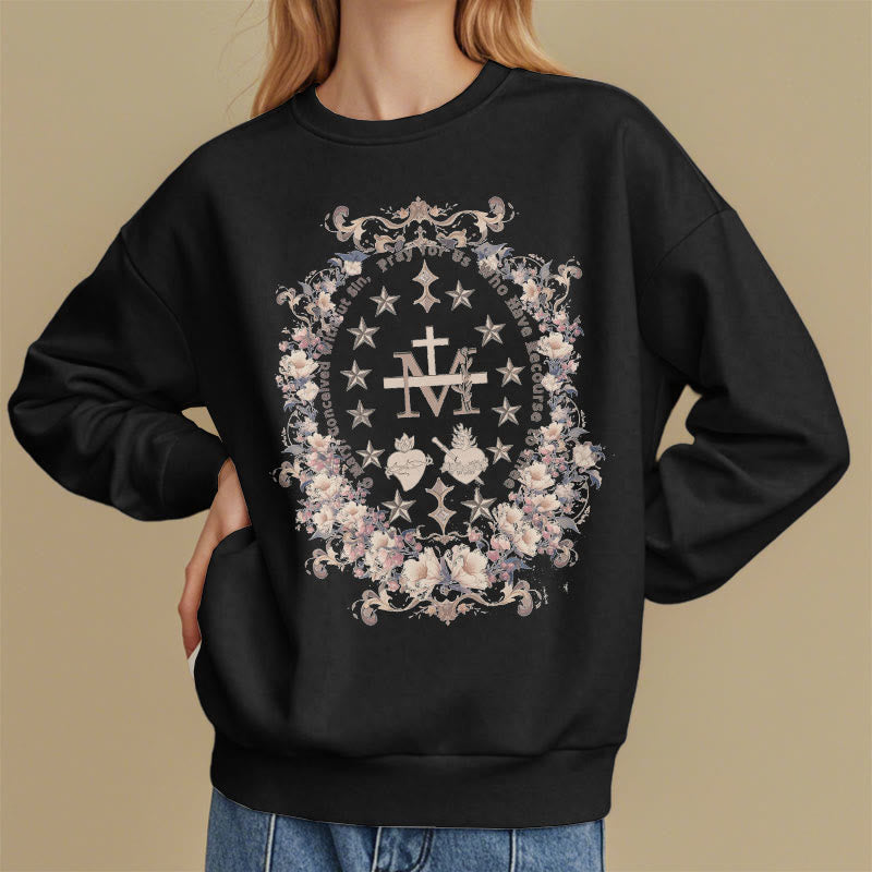 christiandiscipleshop Modern Style Floral Cross Virgin Mary Fleece Lined Polyester Sweatshirt