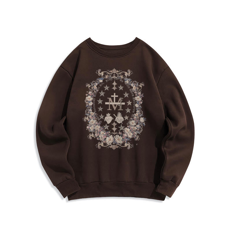 christiandiscipleshop Modern Style Floral Cross Virgin Mary Fleece Lined Polyester Sweatshirt
