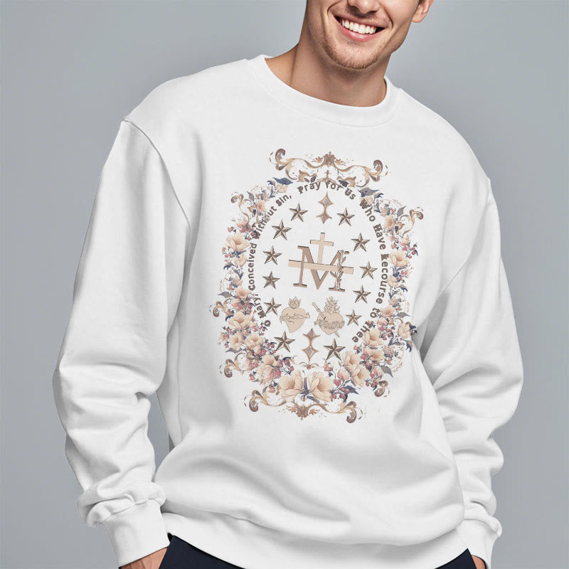 christiandiscipleshop Modern Style Floral Cross Virgin Mary Fleece Lined Polyester Sweatshirt