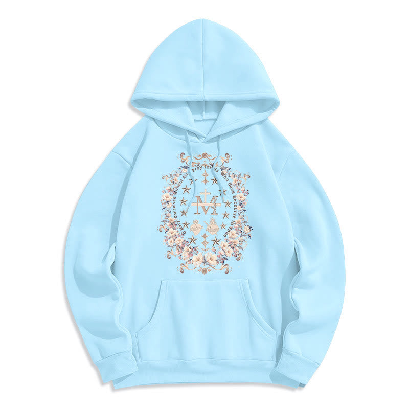 christiandiscipleshop Modern Style Floral Cross Virgin Mary Fleece Lined Polyester Hoodie