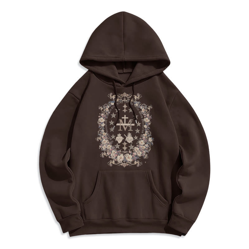 christiandiscipleshop Modern Style Floral Cross Virgin Mary Fleece Lined Polyester Hoodie
