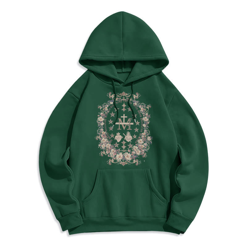 christiandiscipleshop Modern Style Floral Cross Virgin Mary Fleece Lined Polyester Hoodie