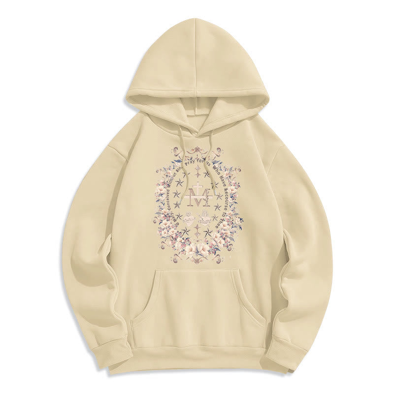 christiandiscipleshop Modern Style Floral Cross Virgin Mary Fleece Lined Polyester Hoodie