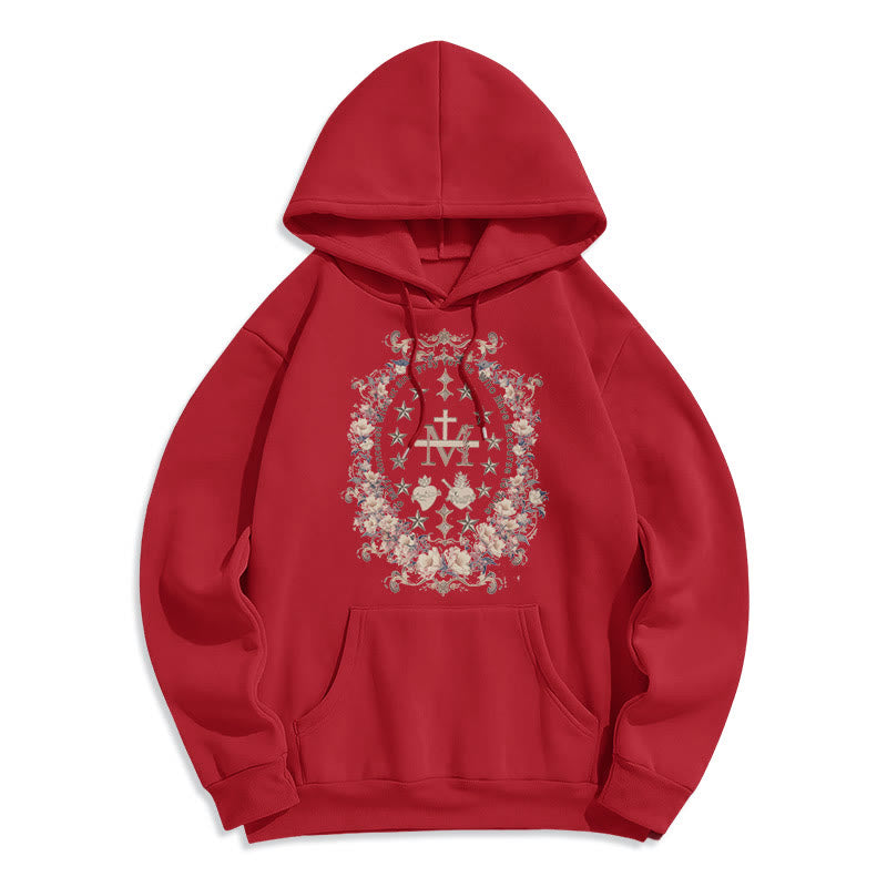 christiandiscipleshop Modern Style Floral Cross Virgin Mary Fleece Lined Polyester Hoodie