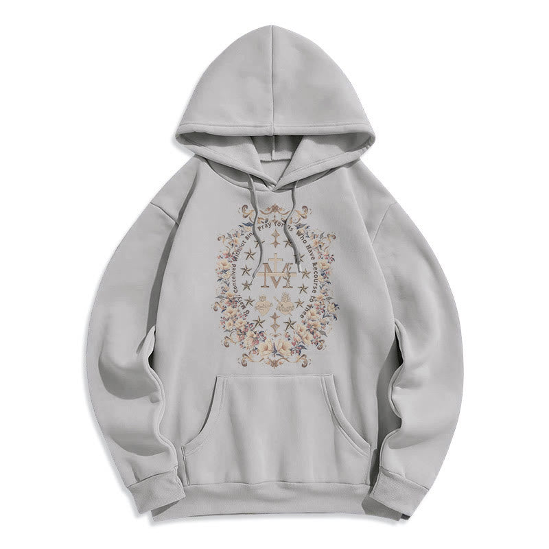 christiandiscipleshop Modern Style Floral Cross Virgin Mary Fleece Lined Polyester Hoodie