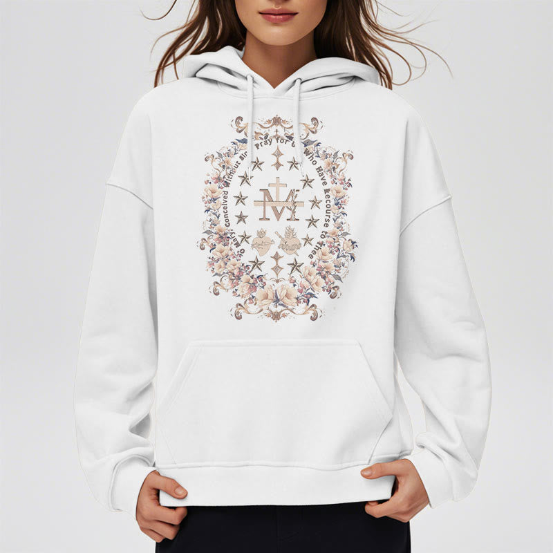 christiandiscipleshop Modern Style Floral Cross Virgin Mary Fleece Lined Polyester Hoodie