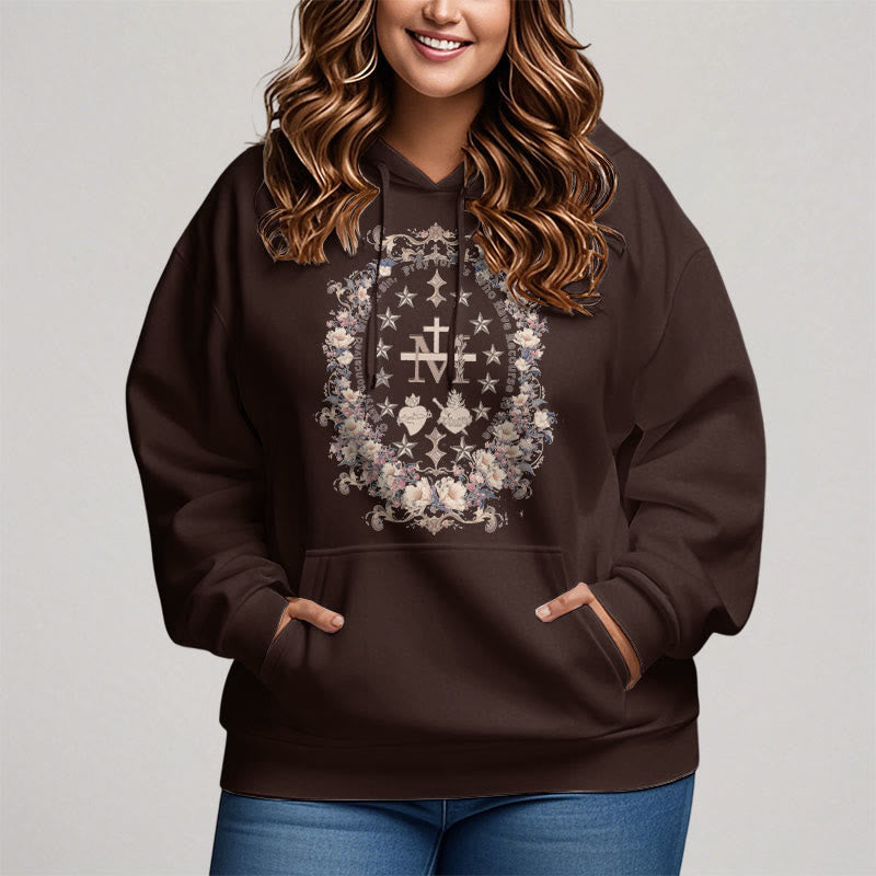 christiandiscipleshop Modern Style Floral Cross Virgin Mary Fleece Lined Polyester Hoodie