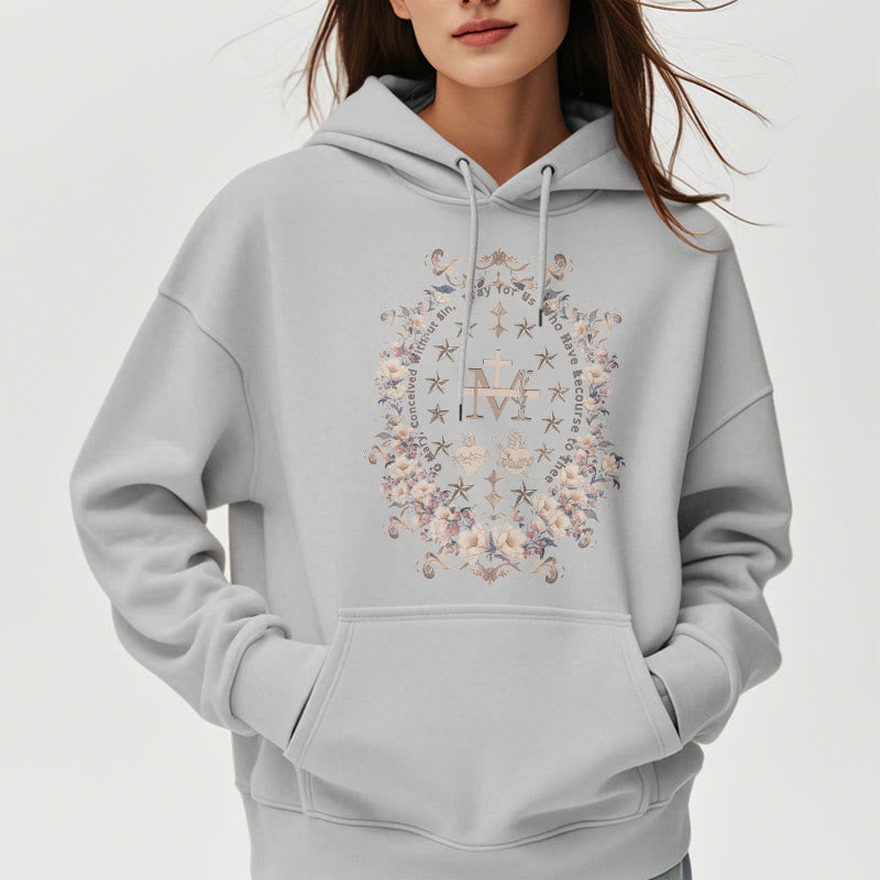 christiandiscipleshop Modern Style Floral Cross Virgin Mary Fleece Lined Polyester Hoodie