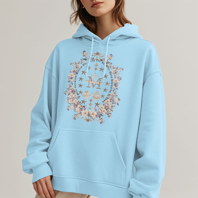 christiandiscipleshop Modern Style Floral Cross Virgin Mary Fleece Lined Polyester Hoodie