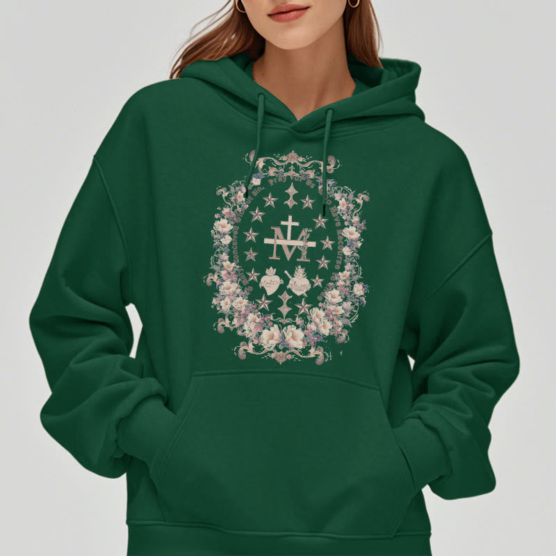 christiandiscipleshop Modern Style Floral Cross Virgin Mary Fleece Lined Polyester Hoodie
