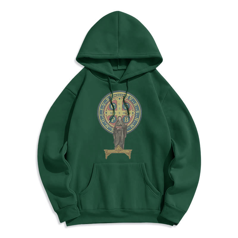 Christianartworkshop Classic Colored Style St. Benedict Medal Statue Fleece Lined Polyester Hoodie