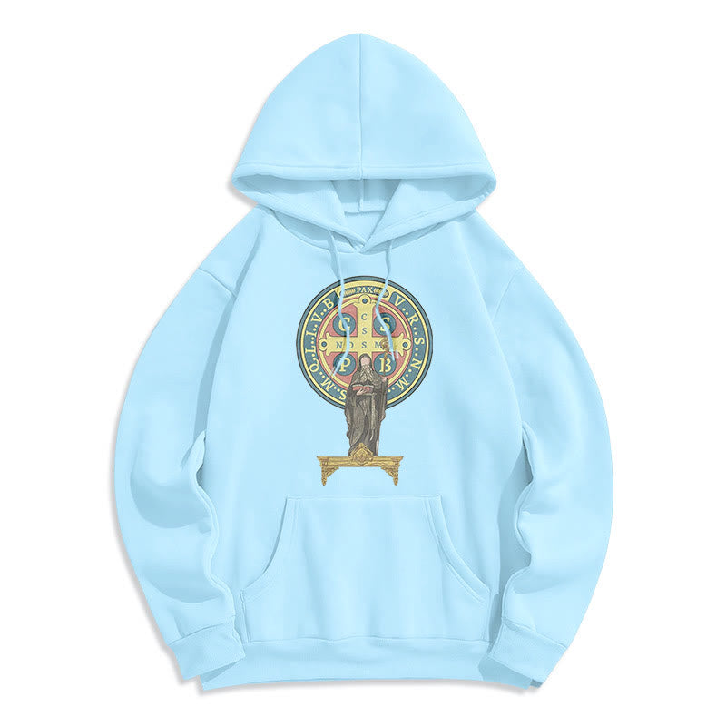 Christianartworkshop Classic Colored Style St. Benedict Medal Statue Fleece Lined Polyester Hoodie