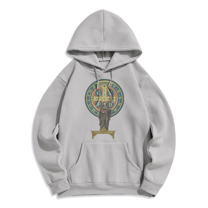 Christianartworkshop Classic Colored Style St. Benedict Medal Statue Fleece Lined Polyester Hoodie