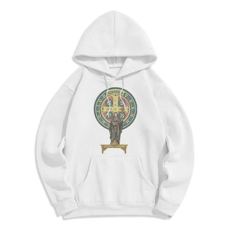 Christianartworkshop Classic Colored Style St. Benedict Medal Statue Fleece Lined Polyester Hoodie