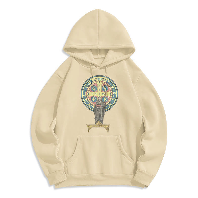 Christianartworkshop Classic Colored Style St. Benedict Medal Statue Fleece Lined Polyester Hoodie