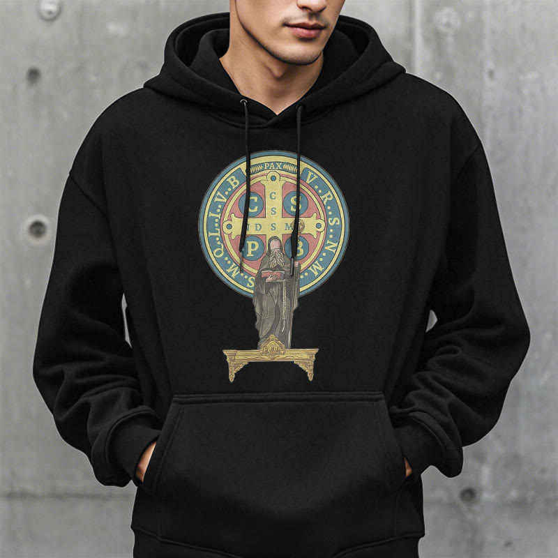 Christianartworkshop Classic Colored Style St. Benedict Medal Statue Fleece Lined Polyester Hoodie