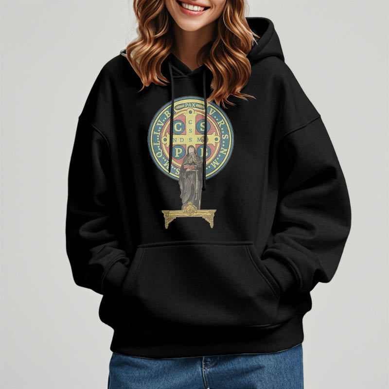 Christianartworkshop Classic Colored Style St. Benedict Medal Statue Fleece Lined Polyester Hoodie