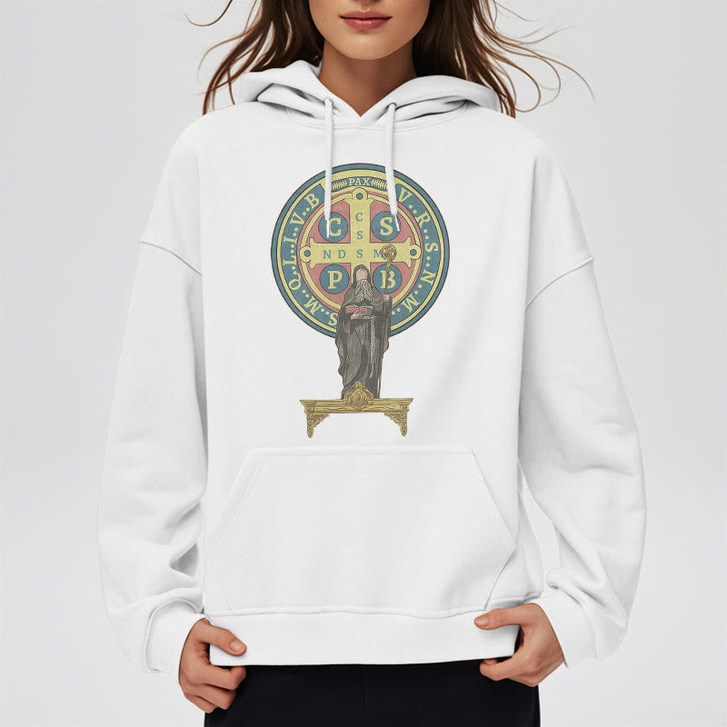 Christianartworkshop Classic Colored Style St. Benedict Medal Statue Fleece Lined Polyester Hoodie