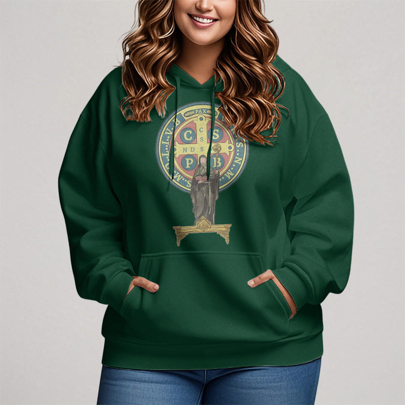 Christianartworkshop Classic Colored Style St. Benedict Medal Statue Fleece Lined Polyester Hoodie