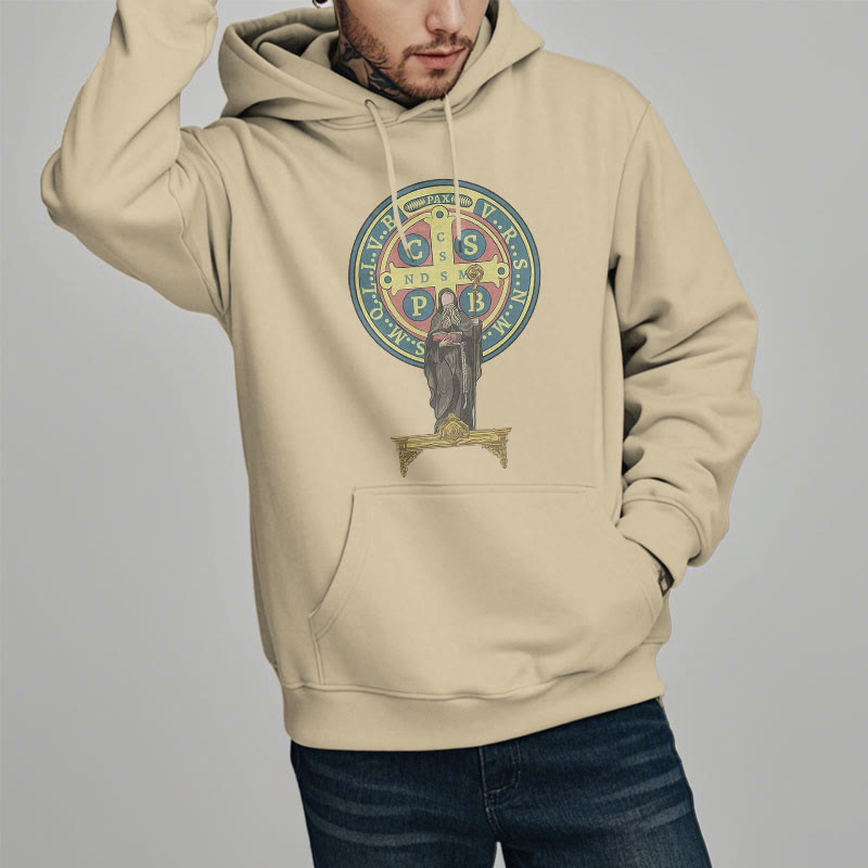 Christianartworkshop Classic Colored Style St. Benedict Medal Statue Fleece Lined Polyester Hoodie