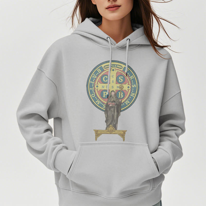 Christianartworkshop Classic Colored Style St. Benedict Medal Statue Fleece Lined Polyester Hoodie