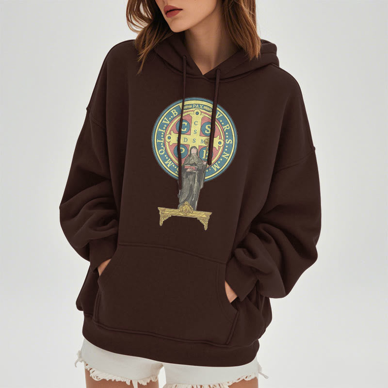 Christianartworkshop Classic Colored Style St. Benedict Medal Statue Fleece Lined Polyester Hoodie